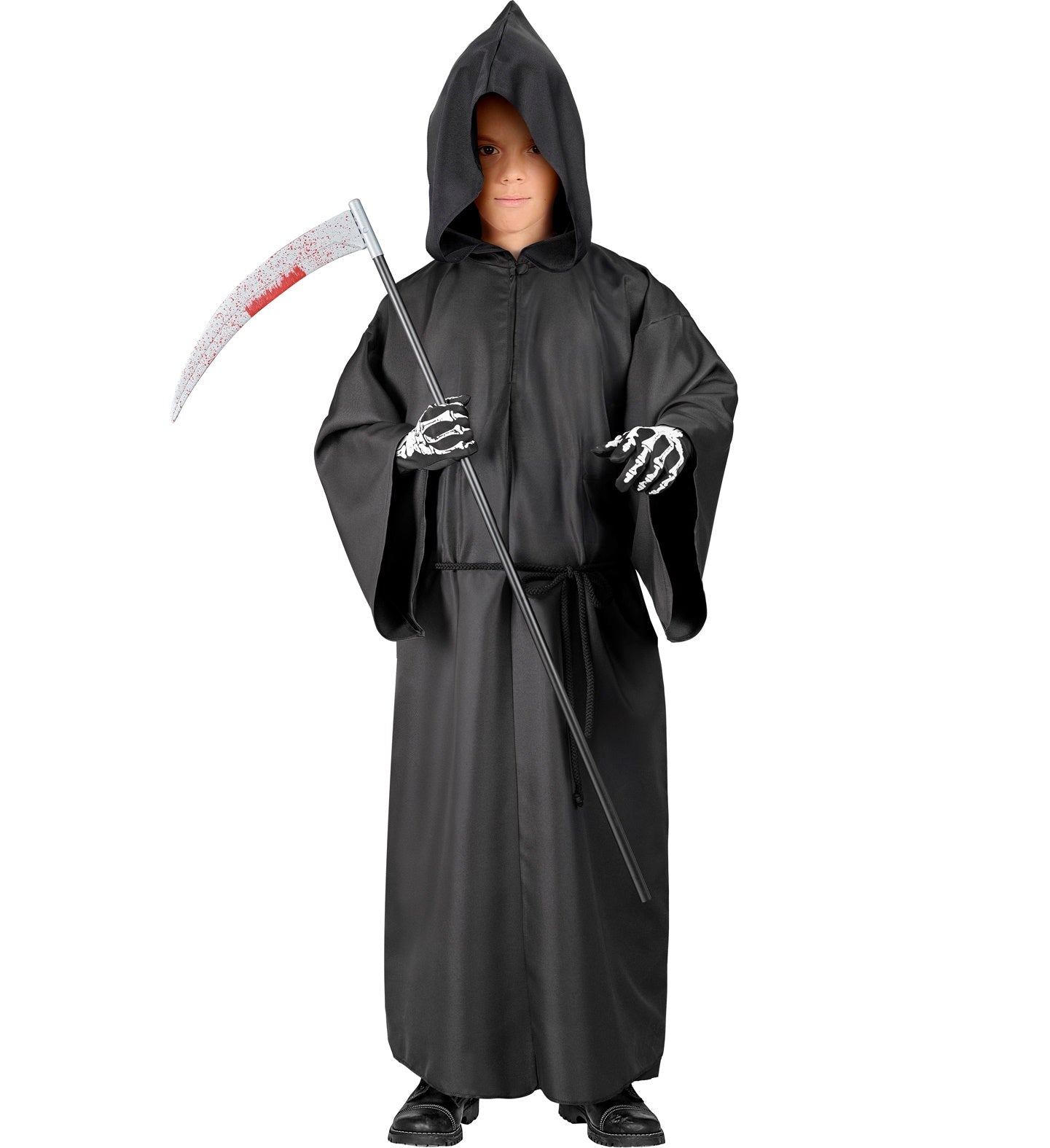 Schwarze Kinderrobe mit weißen Skelettknochen, Kapuze und Gürtel für Jungen Halloweenkostüm