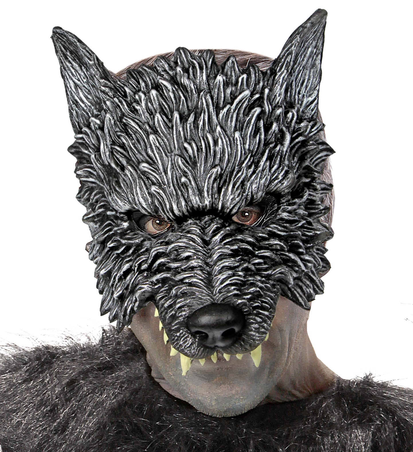 Halbmaske eines Wolfes aus PU-Schaum mit realistischem Fell und freiem Mundbereich.