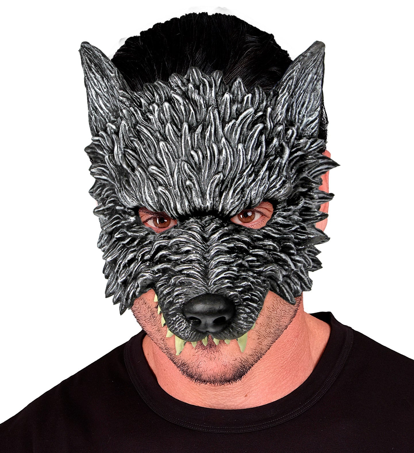 Widmann Wolfmaske aus PU-Schaum mit realistischem Fell, obere Gesichtshälfte frei.