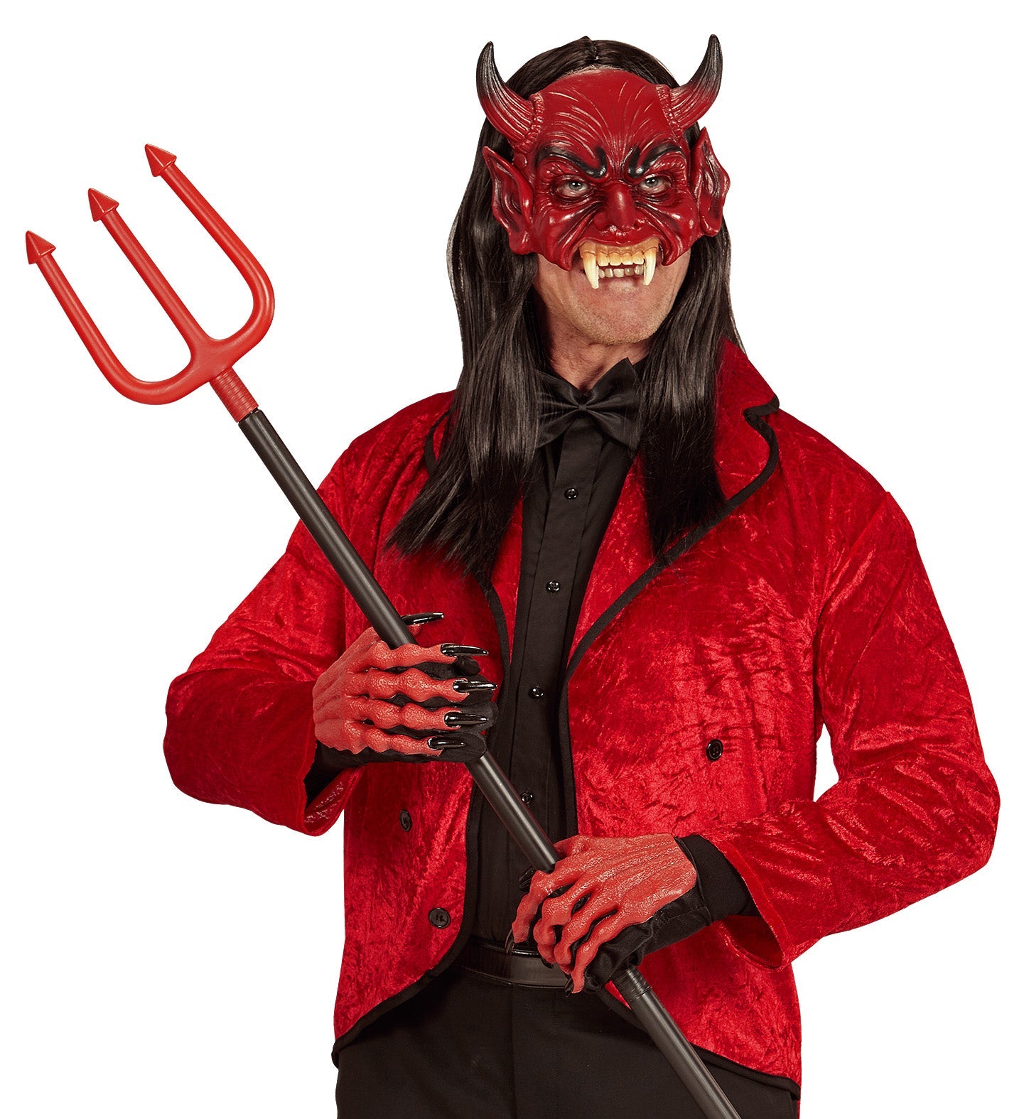 Kinnlose rote Teufelsmaske aus Schaumlatex mit schwarzen Hörnern und handbemalten Details