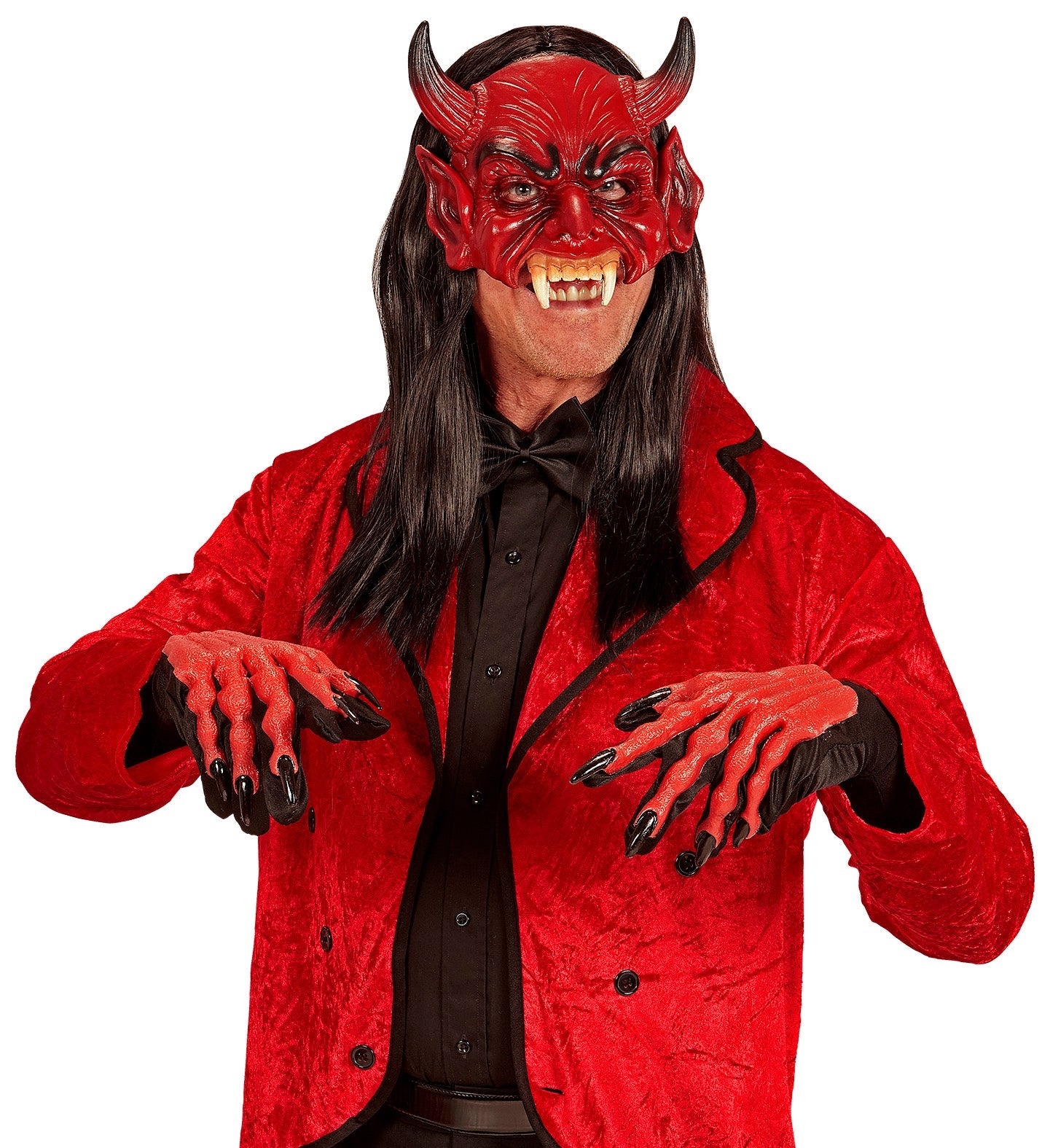 Schwarze Teufelsmaske aus Schaumlatex mit offenen Kinn und handgemalten Details.