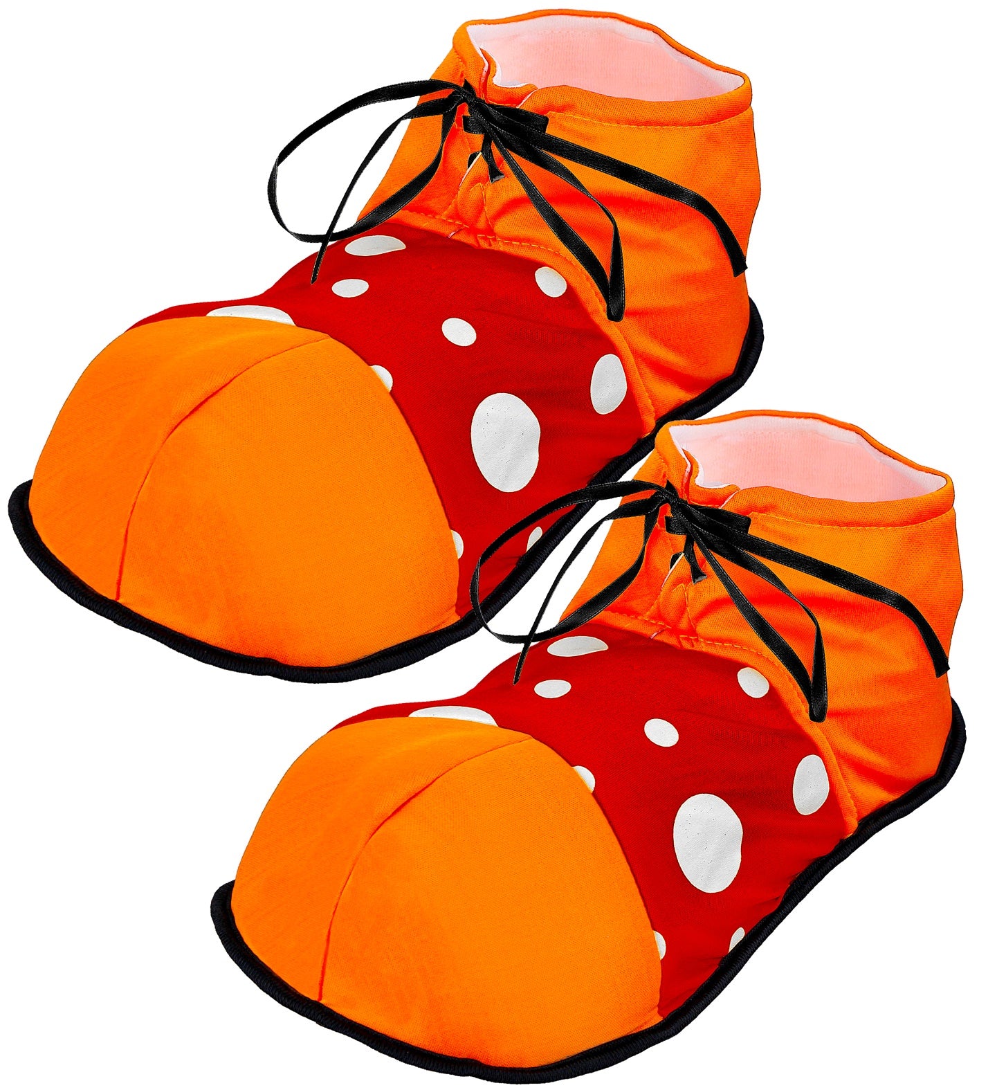 Klassische Clown Schuhe für Erwachsene in orange und rot aus Kunstleder mit runder Spitze.