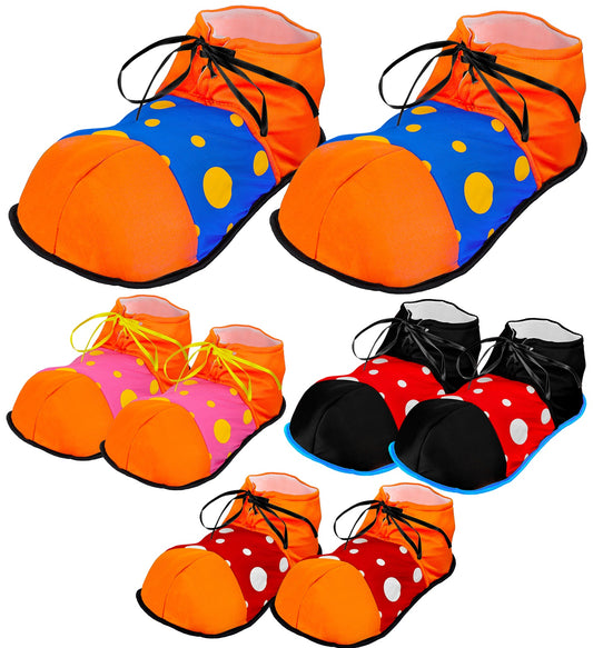 Klassische Clown Schuhe in verschiedenen Farben mit übergroßem Zehenbereich für Erwachsene.
