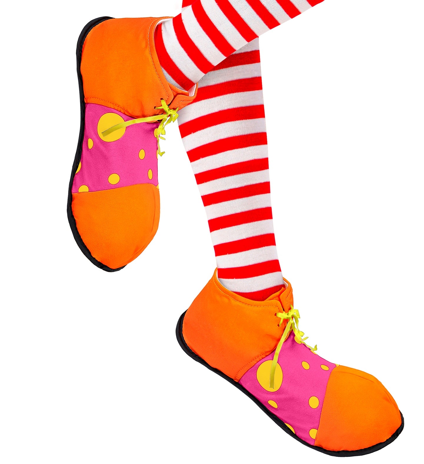 Rote und gelbe klassische Clownschuhe für Erwachsene mit übergroßer Zehenpartie.