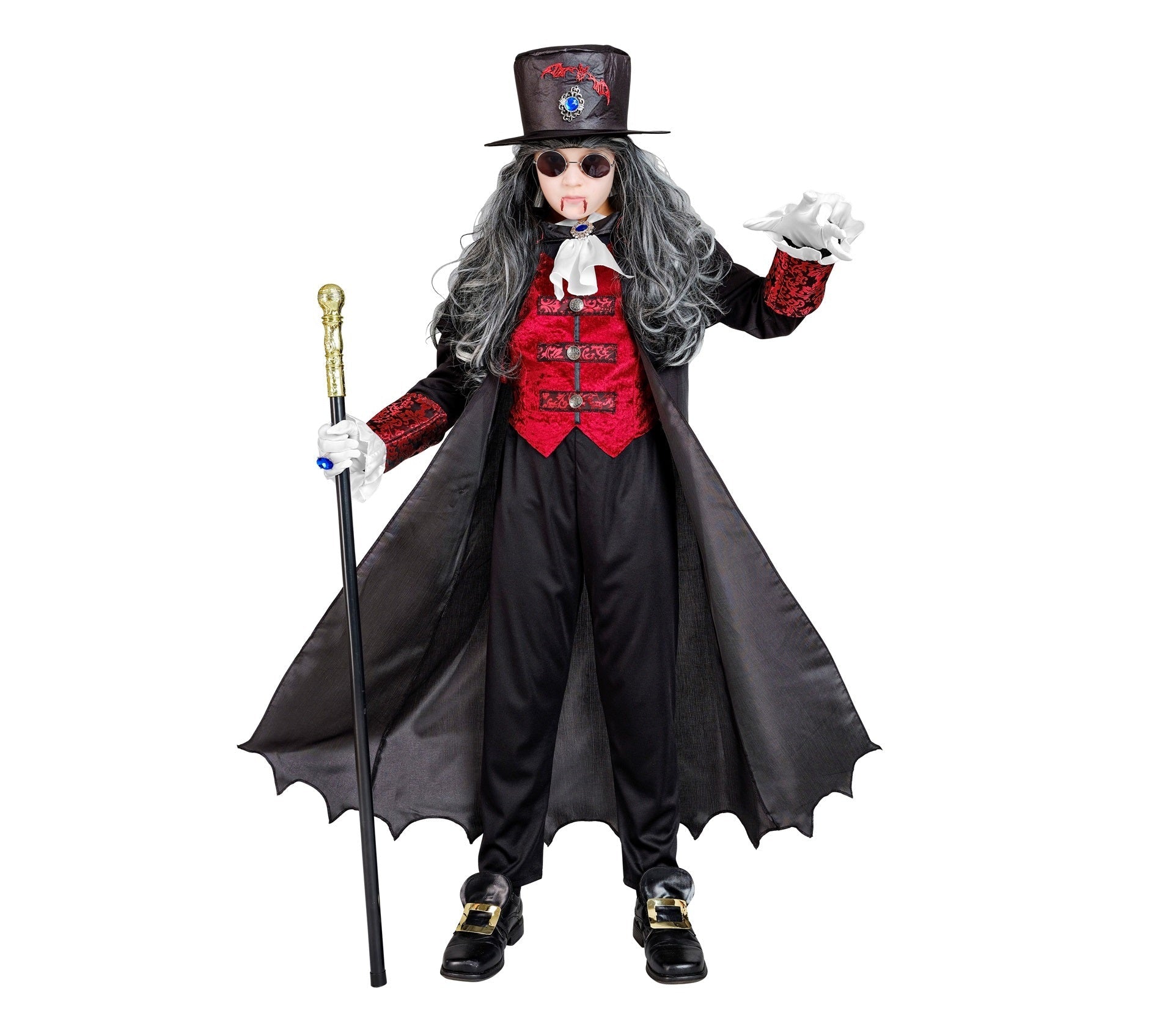 Schwarzes Samt-Vampirkostüm für Jungen mit Mantel, Weste, Jabot und Zylinder.