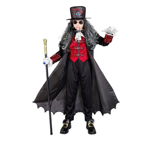 Schwarzes Samt-Vampirkostüm für Jungen mit Mantel, Weste, Jabot und Zylinder.