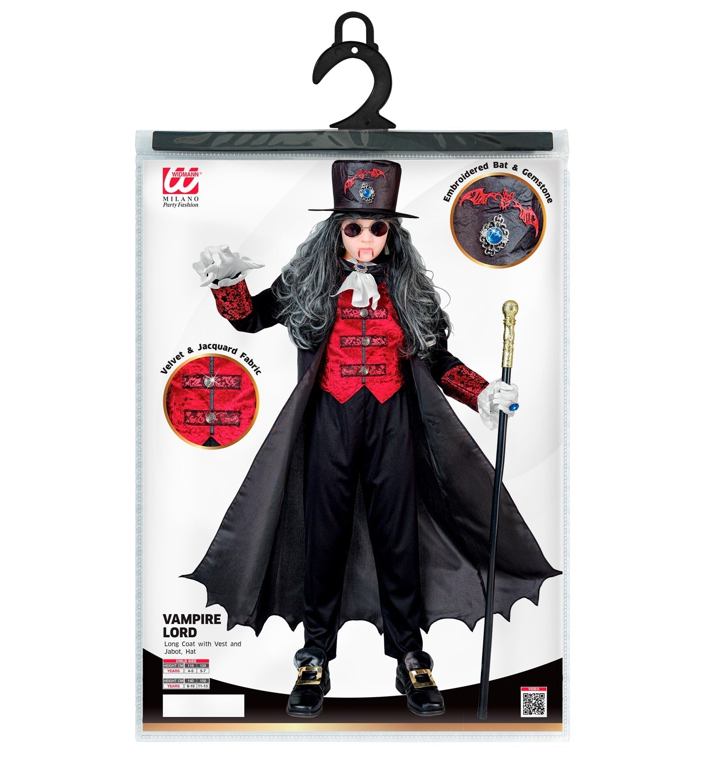 Kostüm für Jungen als kleiner Vampir mit Mantel, Weste, Jabot und Zylinder in Schwarz und Rot.