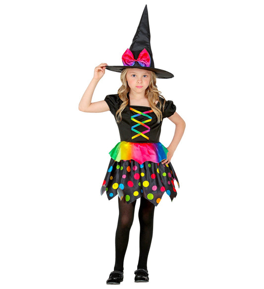 Widmann Hexe Kinderkostüm – Regenbogen Satin Kleid & Konfetti Hut - Fasnacht24.ch