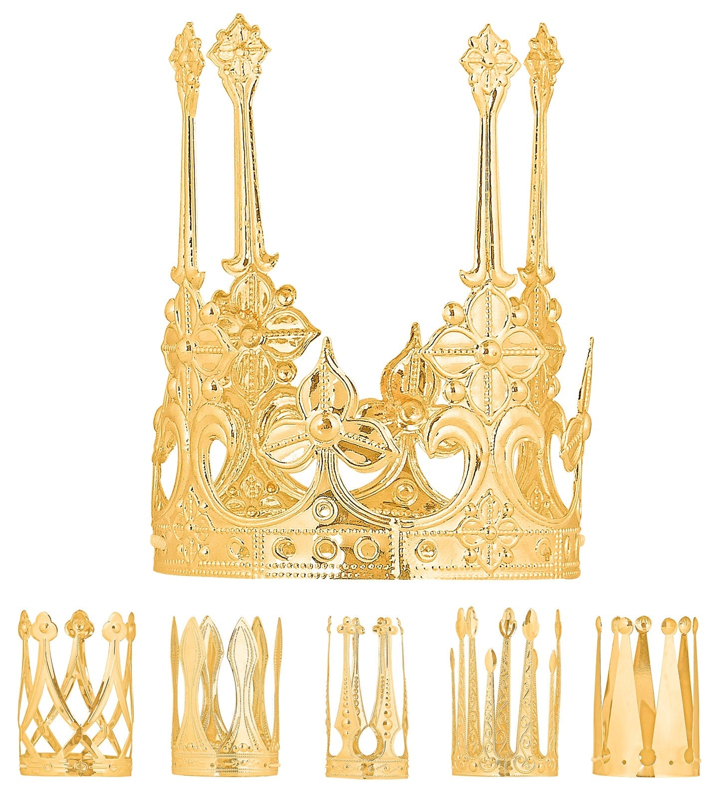 Goldene Königin Krone aus Metall mit filigranem Design für Erwachsene und Kinder.