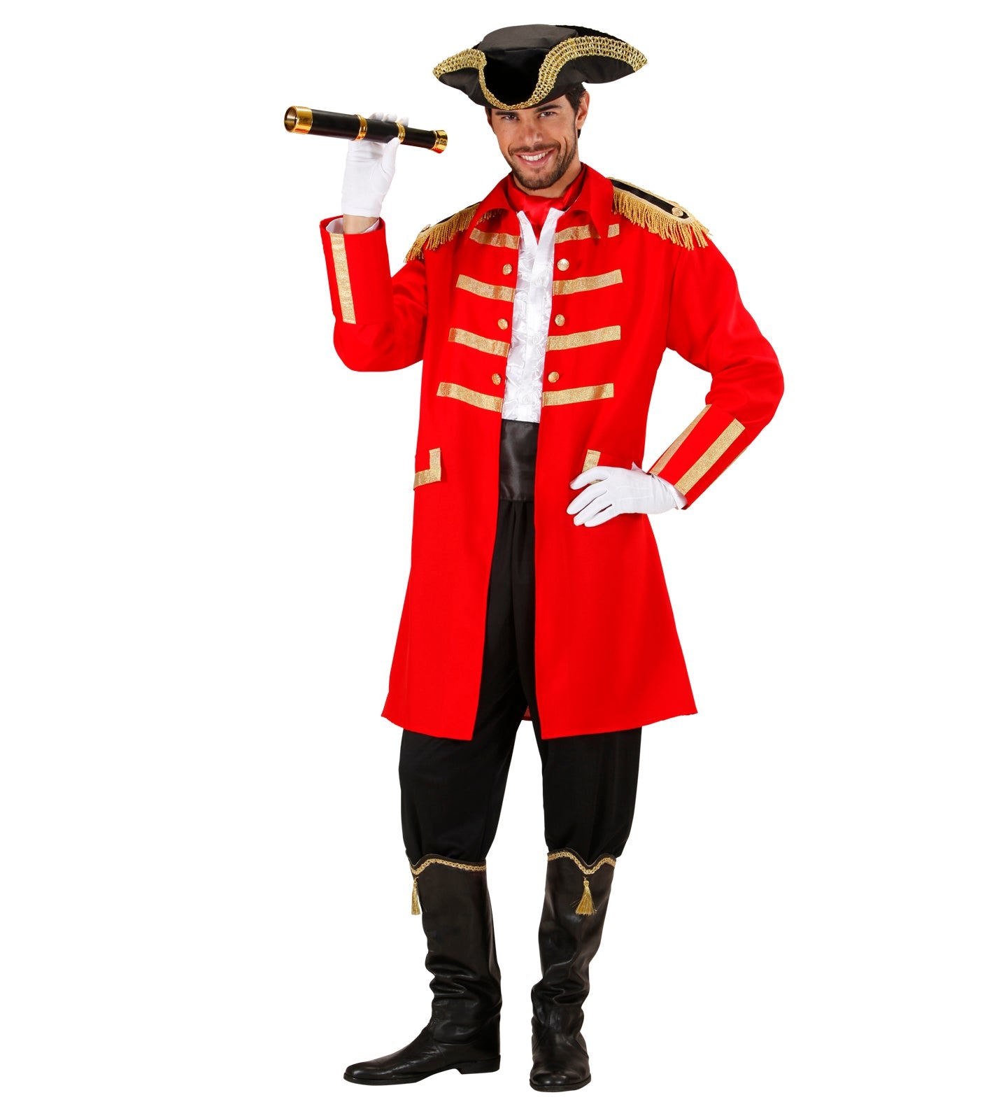 Mann im Widmann Königliche Marine Kapitän Kostüm mit rotem Mantel, Hut und Teleskop.