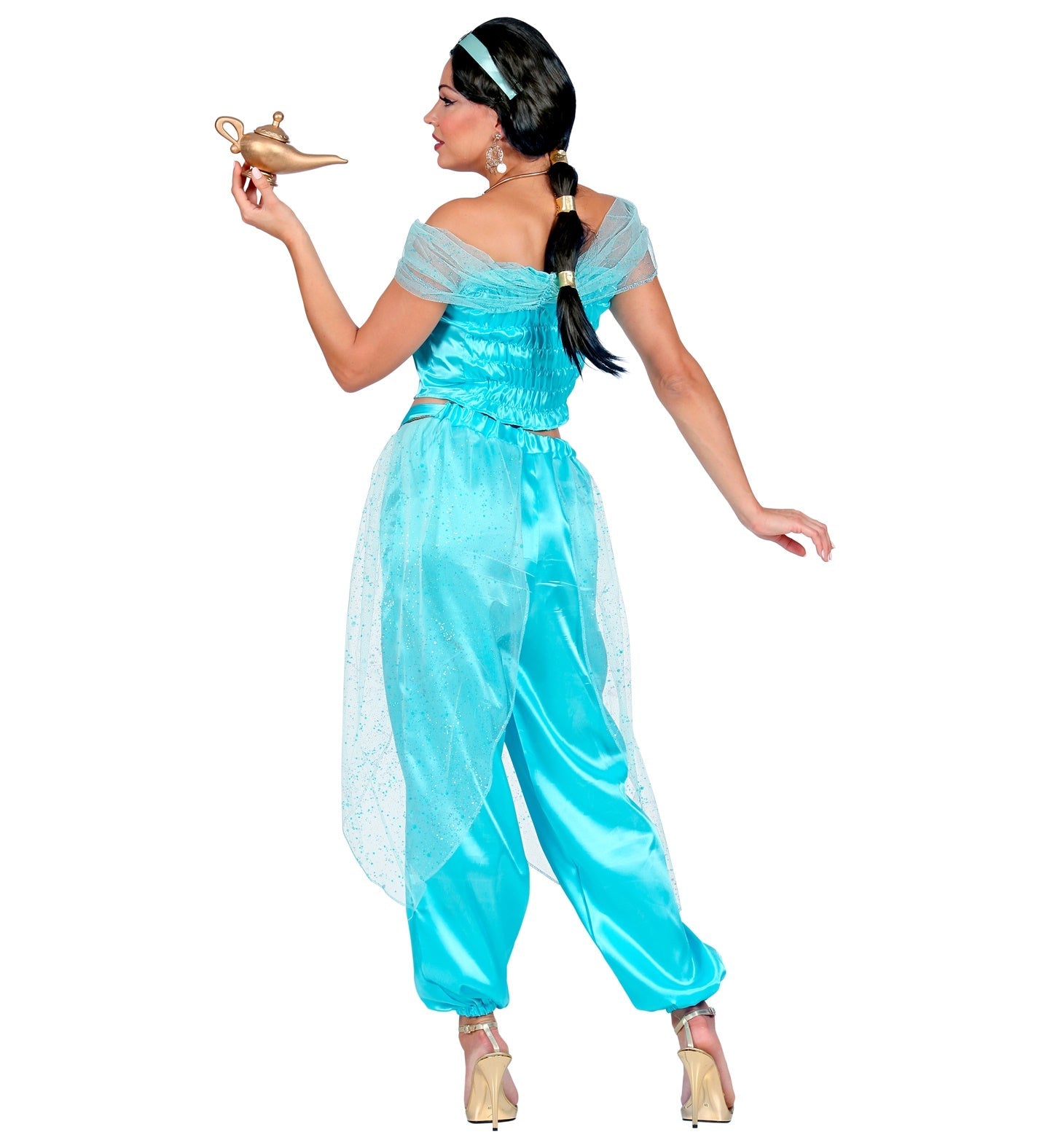 Türkisfarbenes Damenkostüm als arabische Prinzessin mit besticktem Kleid und Kopfschmuck