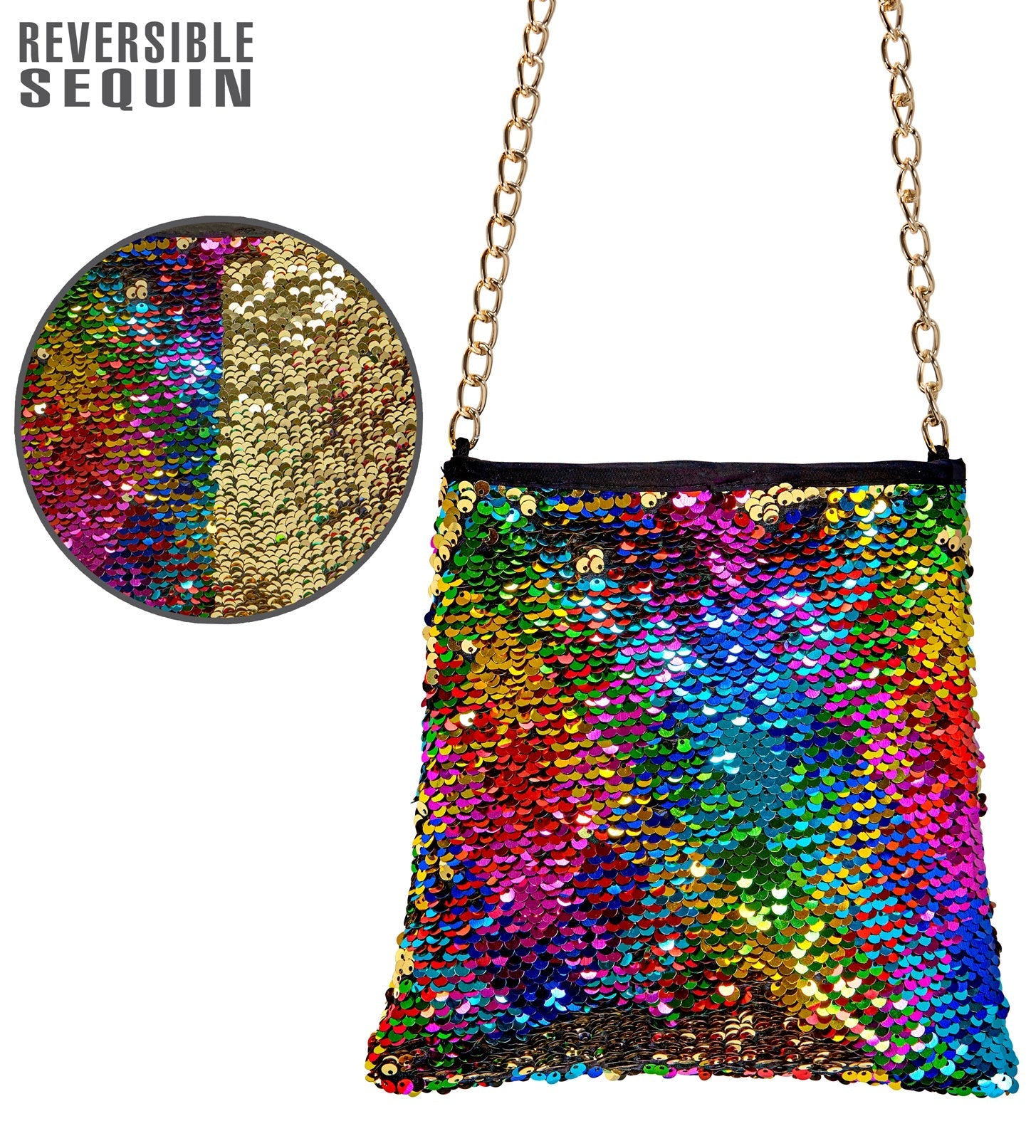 Reversible sequin crossbody bag with rainbow and gold sides and gold chain.