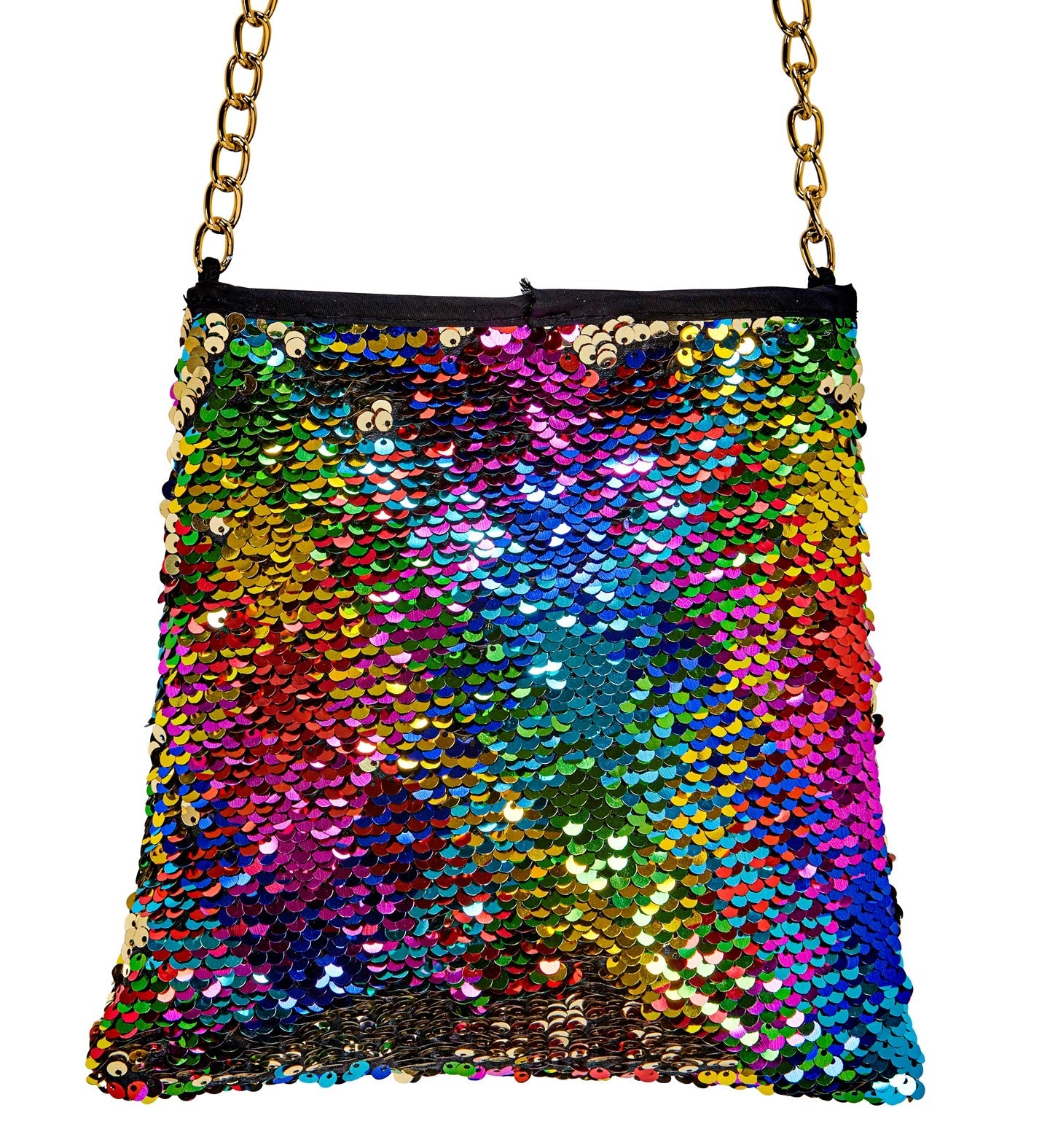Reversible rainbow and gold sequin crossbody bag with chain strap.