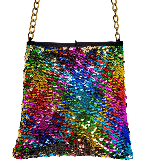Reversible rainbow and gold sequin crossbody bag with chain strap.