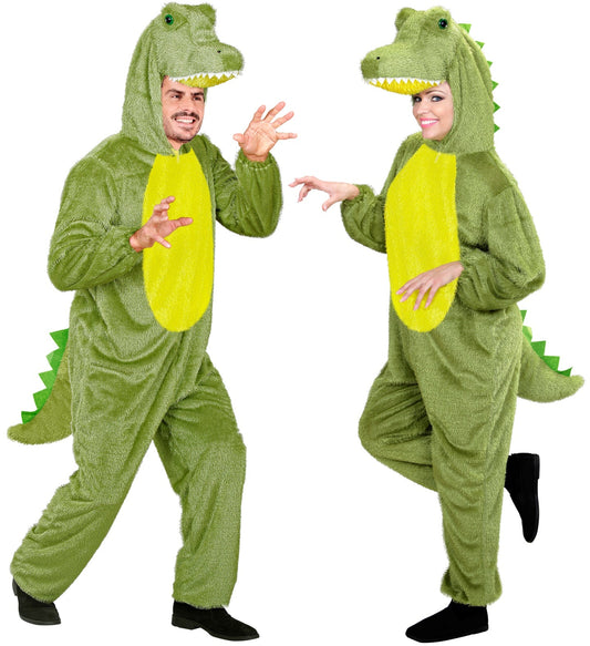 Grüner Krokodil Plüsch Overall mit Kapuze für Erwachsene, Ganzkörperkostüm tierisch weich