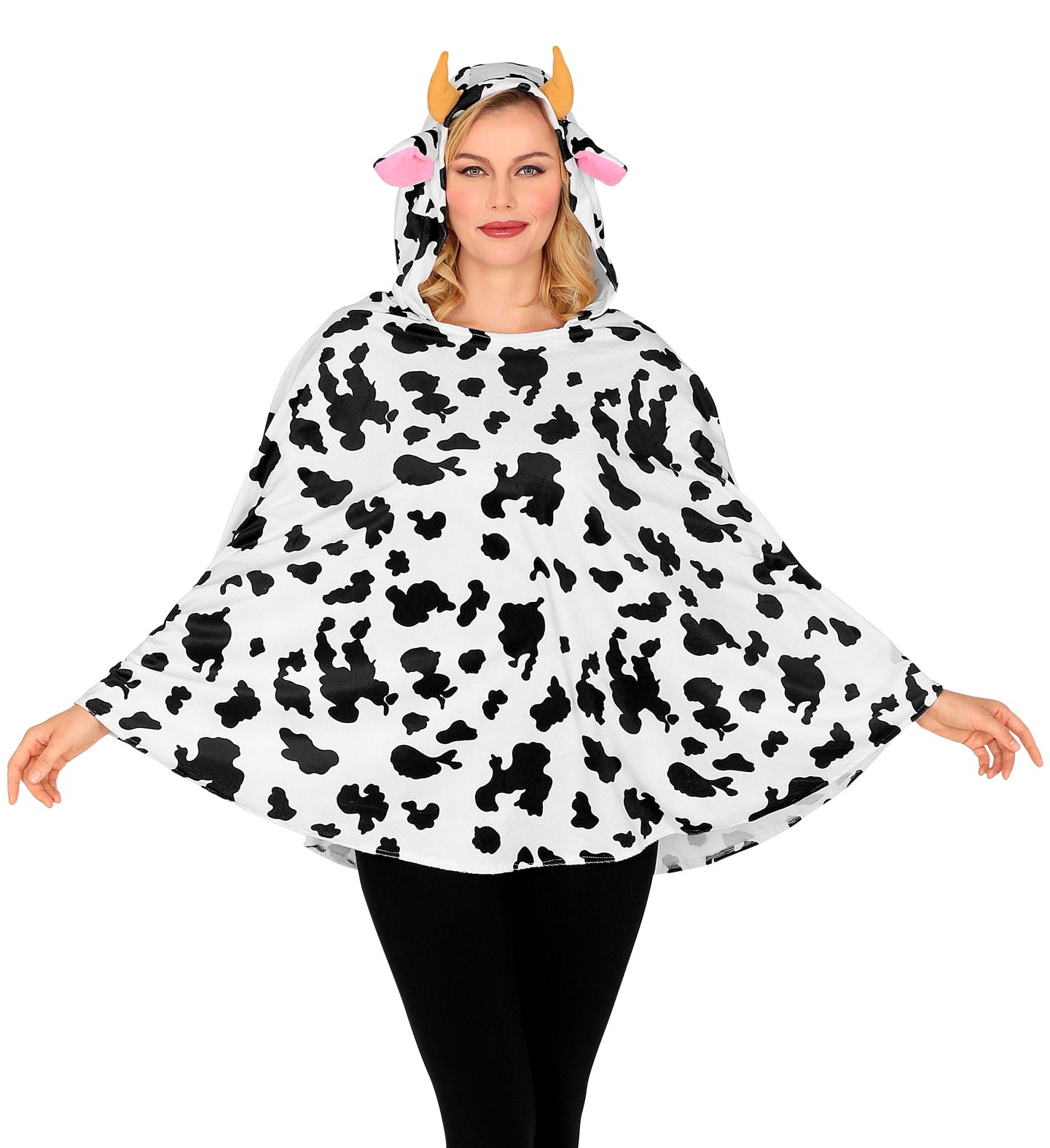 Kuschelweicher, schwarzer Kuh-Poncho mit Kapuze und rosa Euter-Print für Erwachsene.