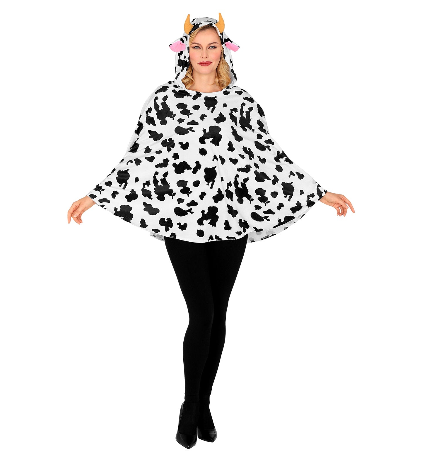 Kuschelweicher Fleece-Poncho mit Kapuze, Kuhohren und rosa Euterprint für Erwachsene.