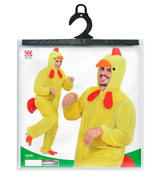 Yellow unisex adult chick costume onesie with hood, beak, and footies on hanger.