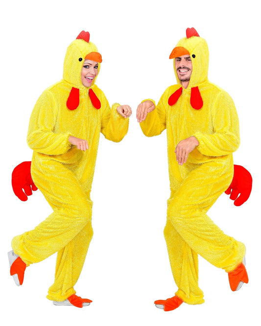 A man and woman wearing matching yellow unisex chick onesie costumes with hoods and footies.