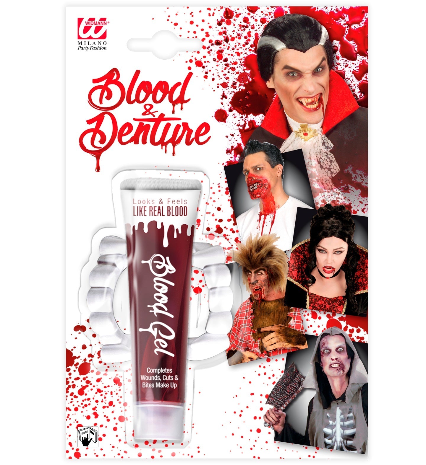 Rote Tube mit Kunstblut und Gebiss, ideal für Halloween und Cosplay, 28ml.