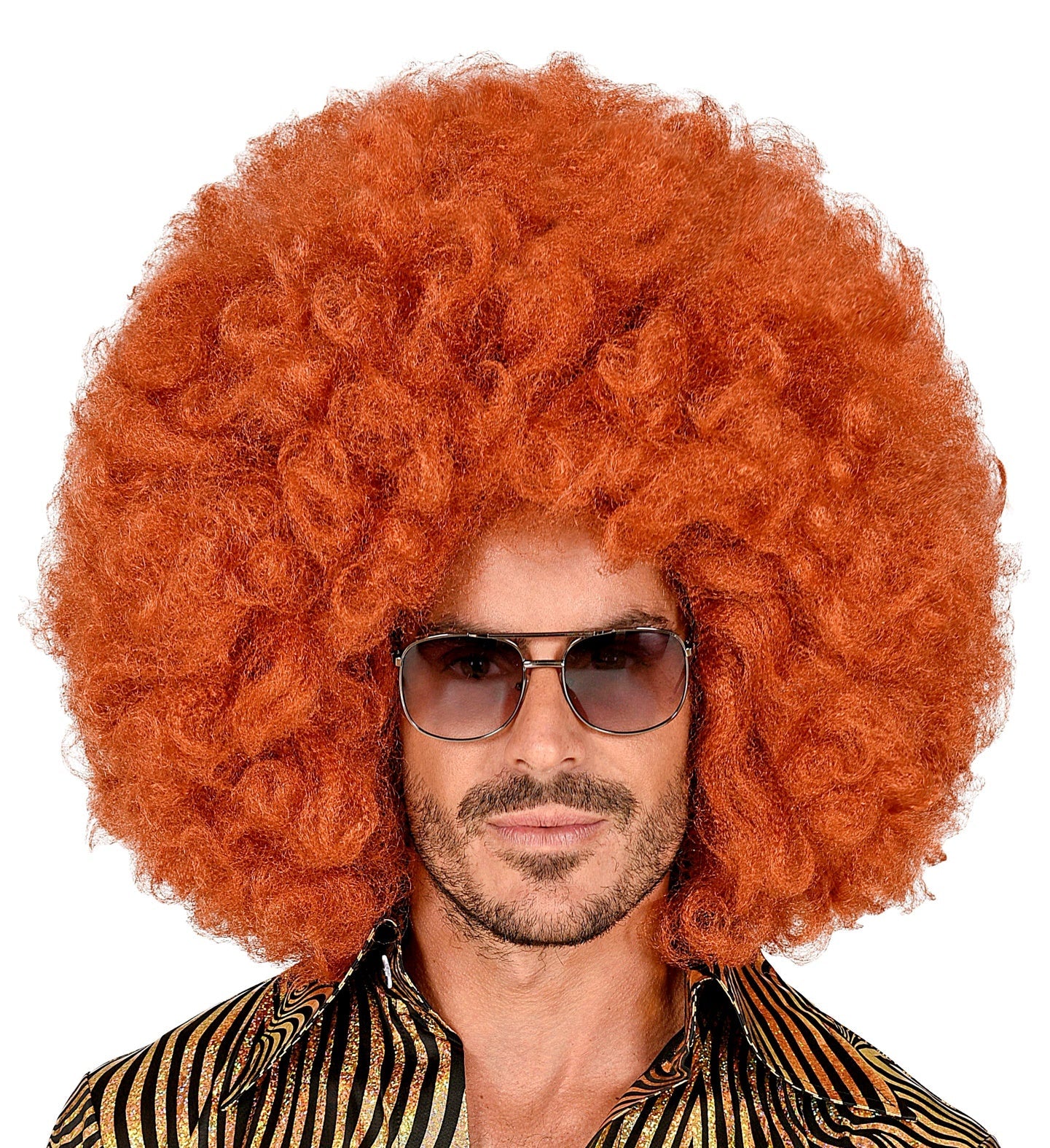 Man in copper giant afro wig with sunglasses on white background.