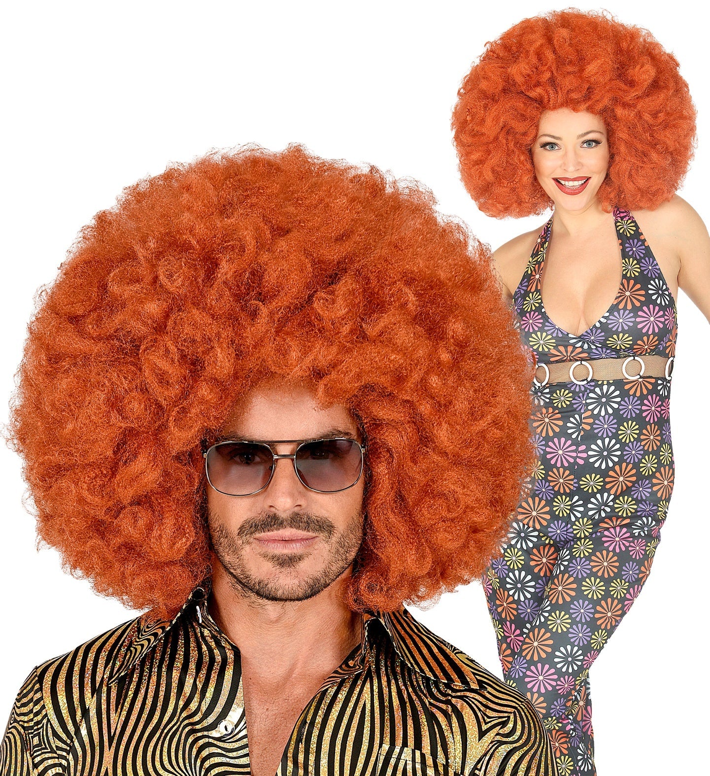 Copper-colored giant afro wig on a model with 70s outfit.