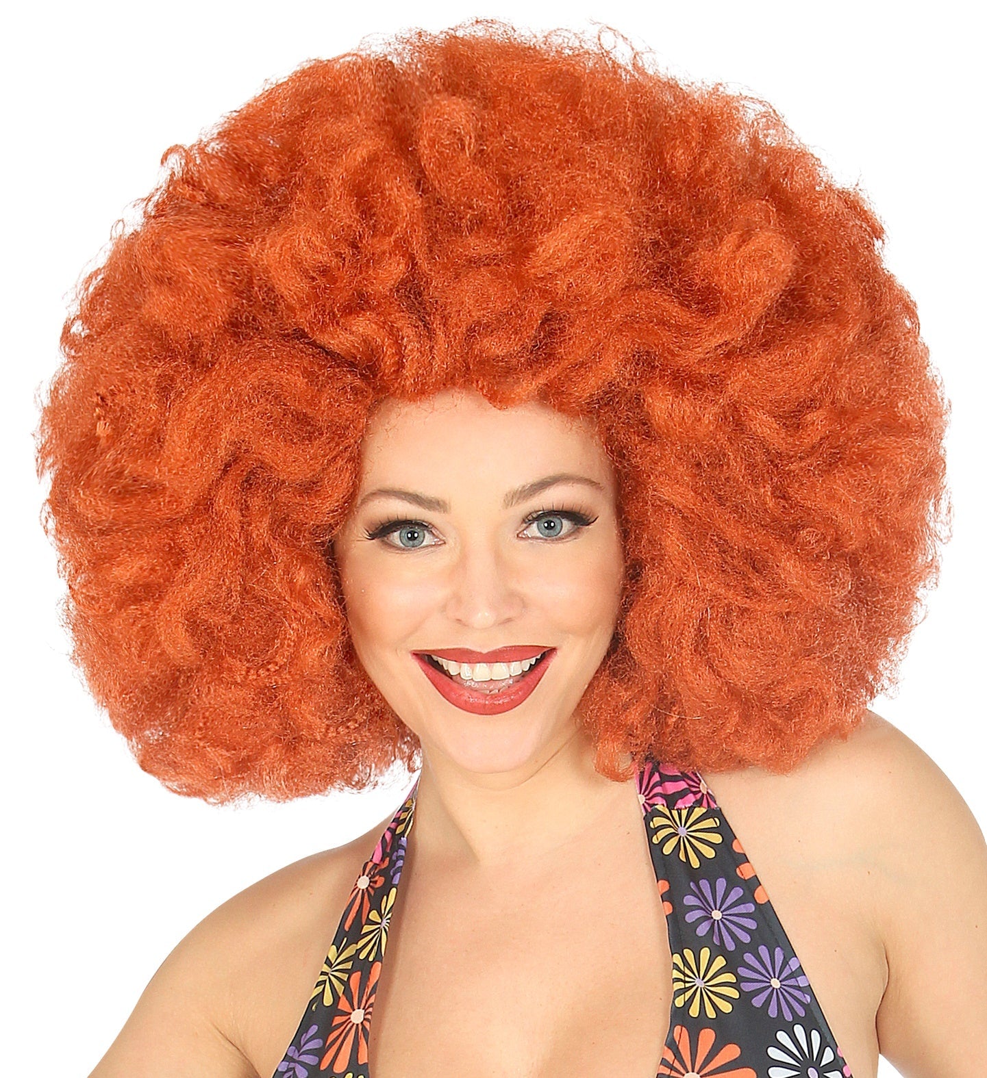 Woman modeling a large copper-colored synthetic afro wig with voluminous curls.