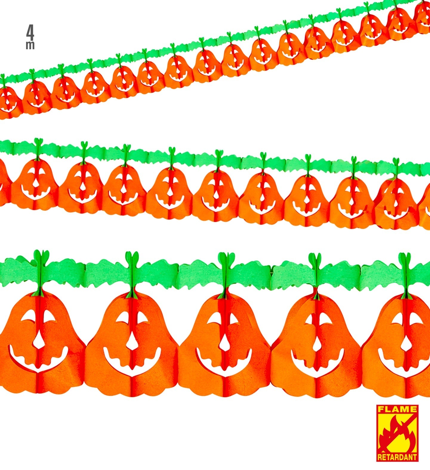 Kürbisgirlande in warmem Orange, 400 cm lang, schwer entflammbar für sichere Halloween-Dekoration.