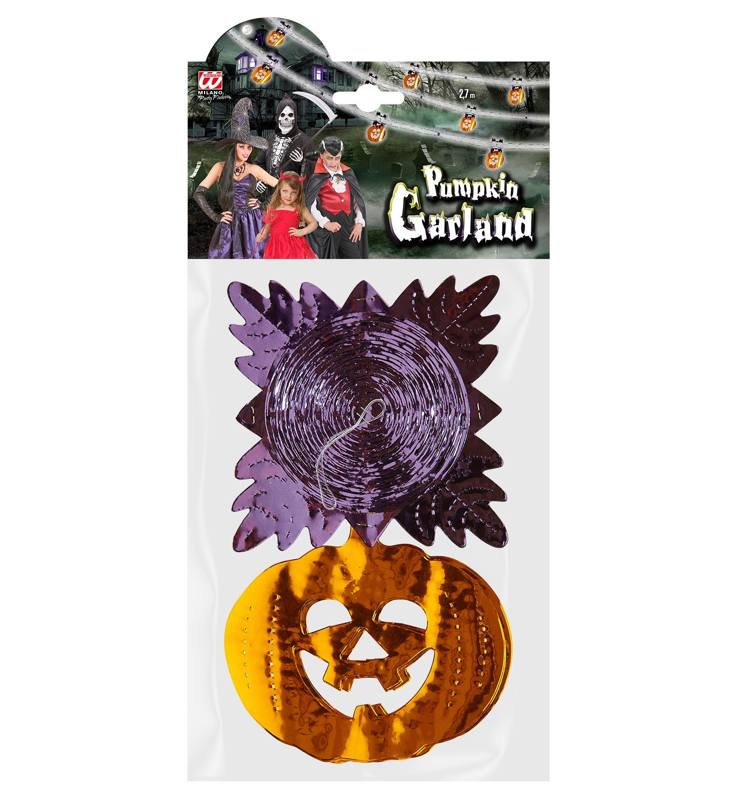 Orange-schwarze Halloween-Kürbis-Girlande aus Folie, 270 cm lang, doppelseitig bedruckt.