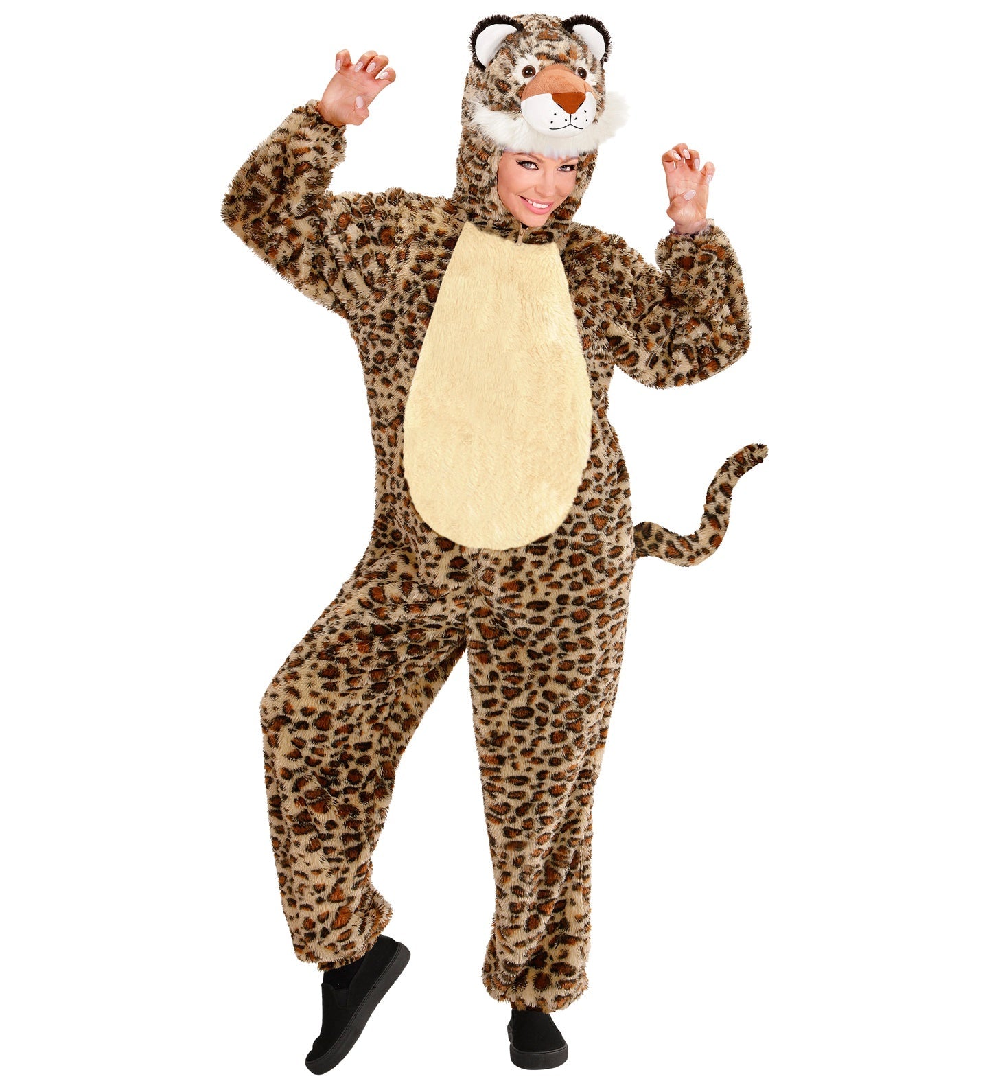 Erwachsenen Leoparden Plüschkostüm mit Kapuze und Tiermuster in Braun und Schwarz