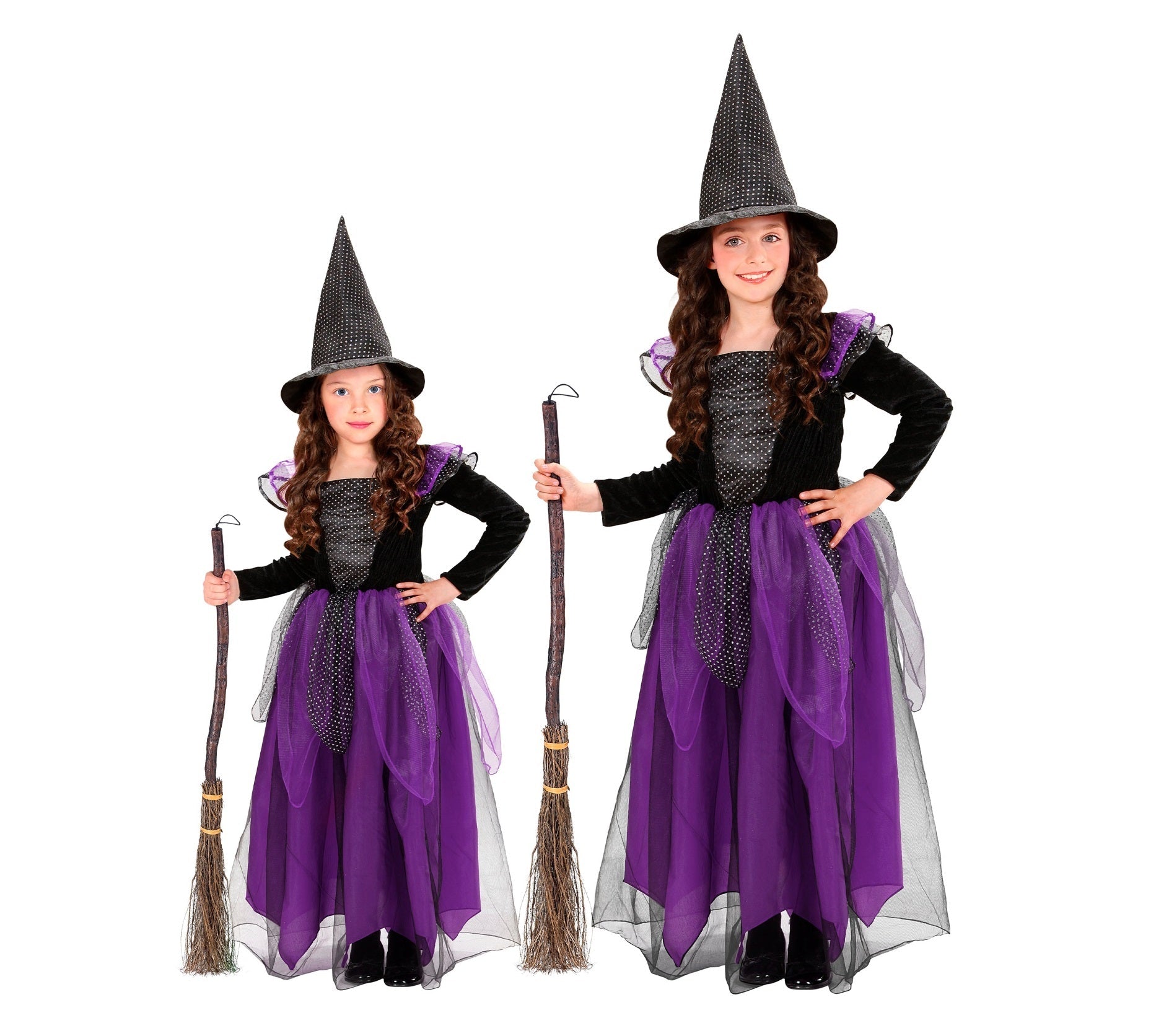Lila Hexe Kinderkostüm mit einem weichen Kleid und spitzem Hut in Schwarz und Lila.