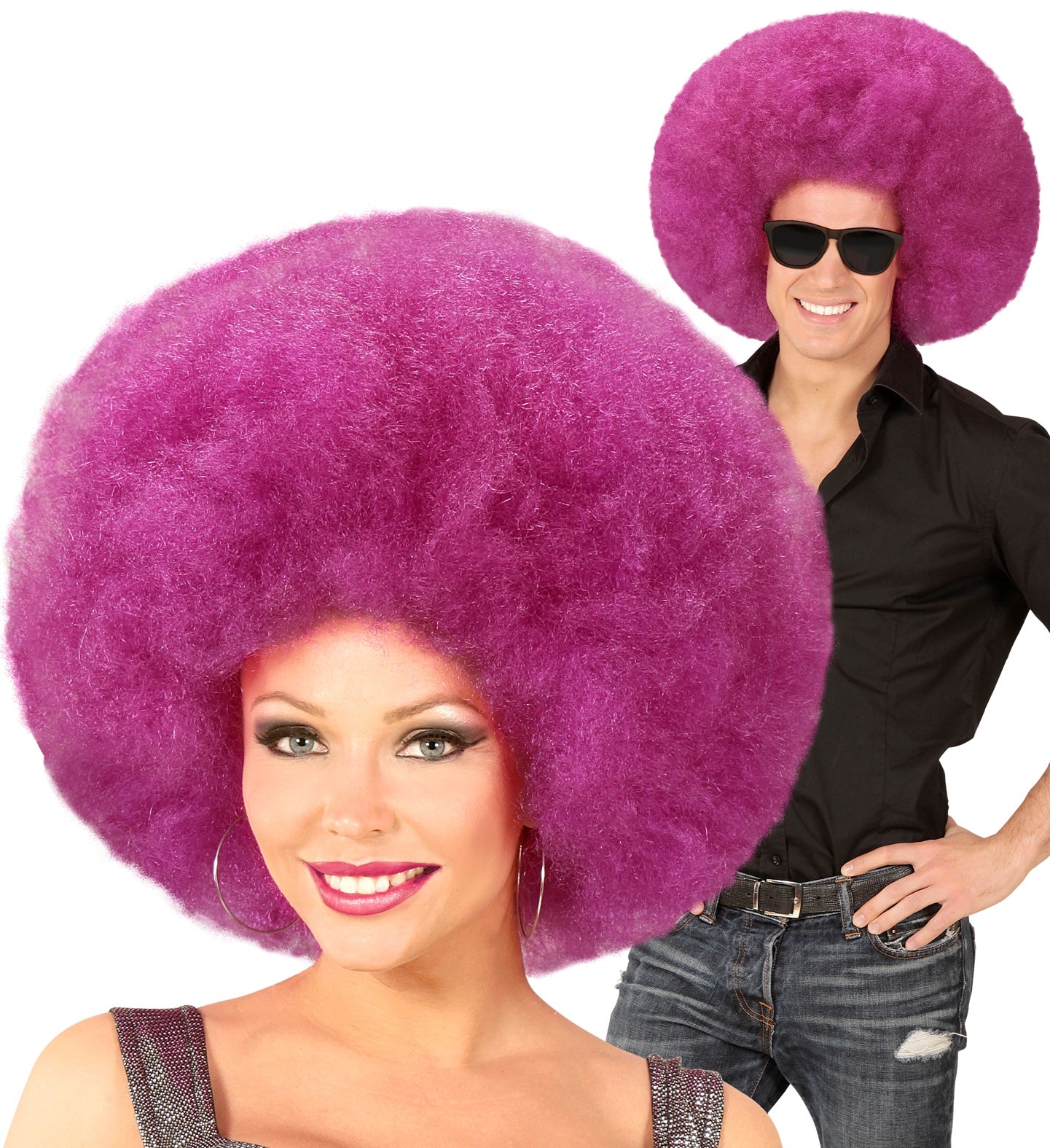 Lila Riesen Afro Perücke mit voluminösen Locken, passend für Karneval und 70er Jahre Looks