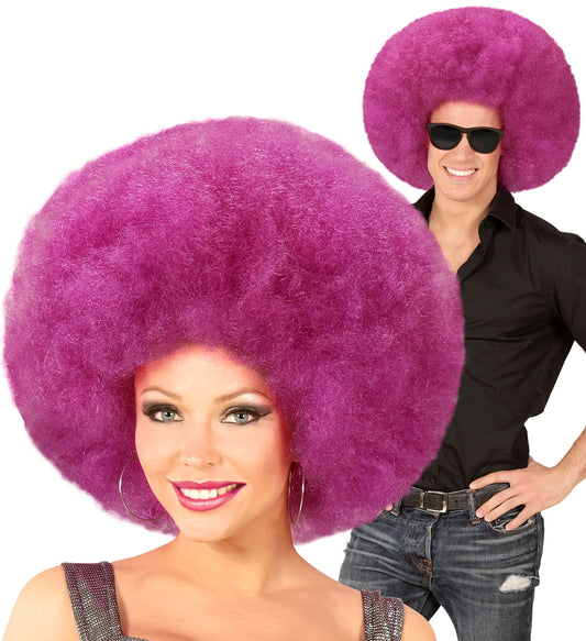 Lila Riesen Afro Perücke mit voluminösen Locken, passend für Karneval und 70er Jahre Looks