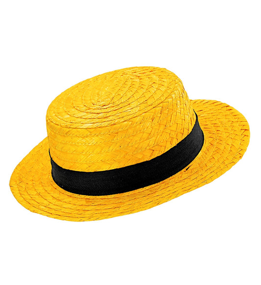 Gelber Luxus Strohhut mit schwarzem Band und UV-Schutz, handgeflochten aus Naturstroh.