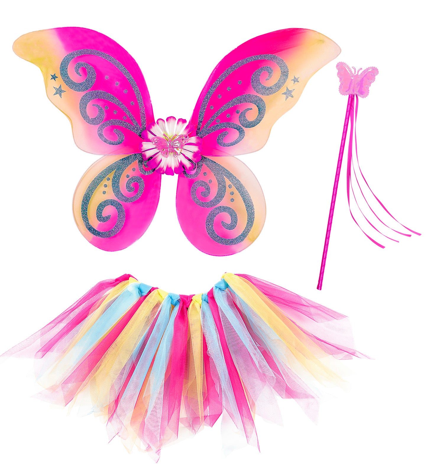 Iridescent pink fairy wings with floral center, multicolored tutu skirt, and pink wand for kids costume.