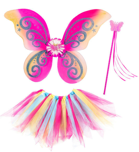 Iridescent pink fairy wings with floral center, multicolored tutu skirt, and pink wand for kids costume.
