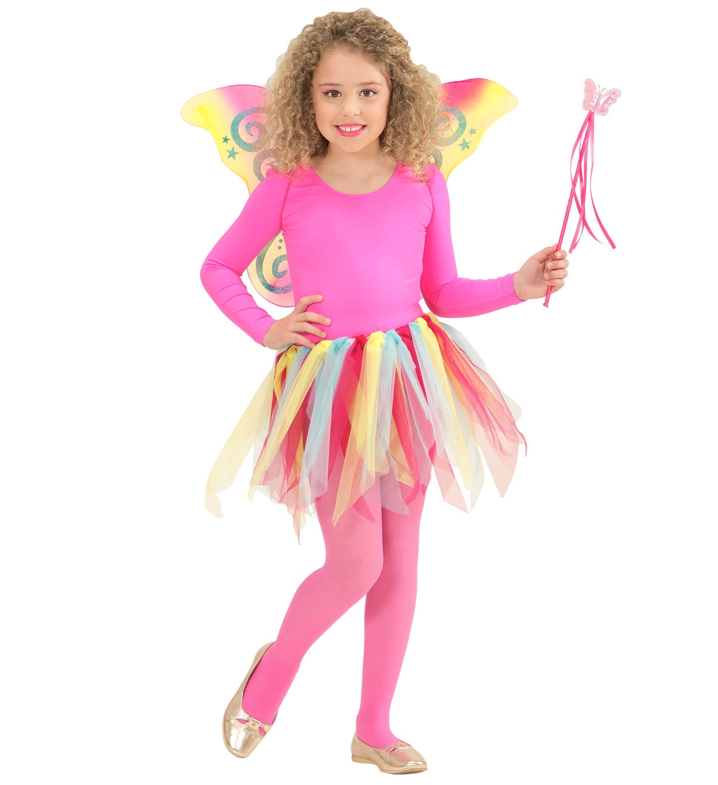 Young girl in iridescent fairy costume with tutu, wings, and wand.