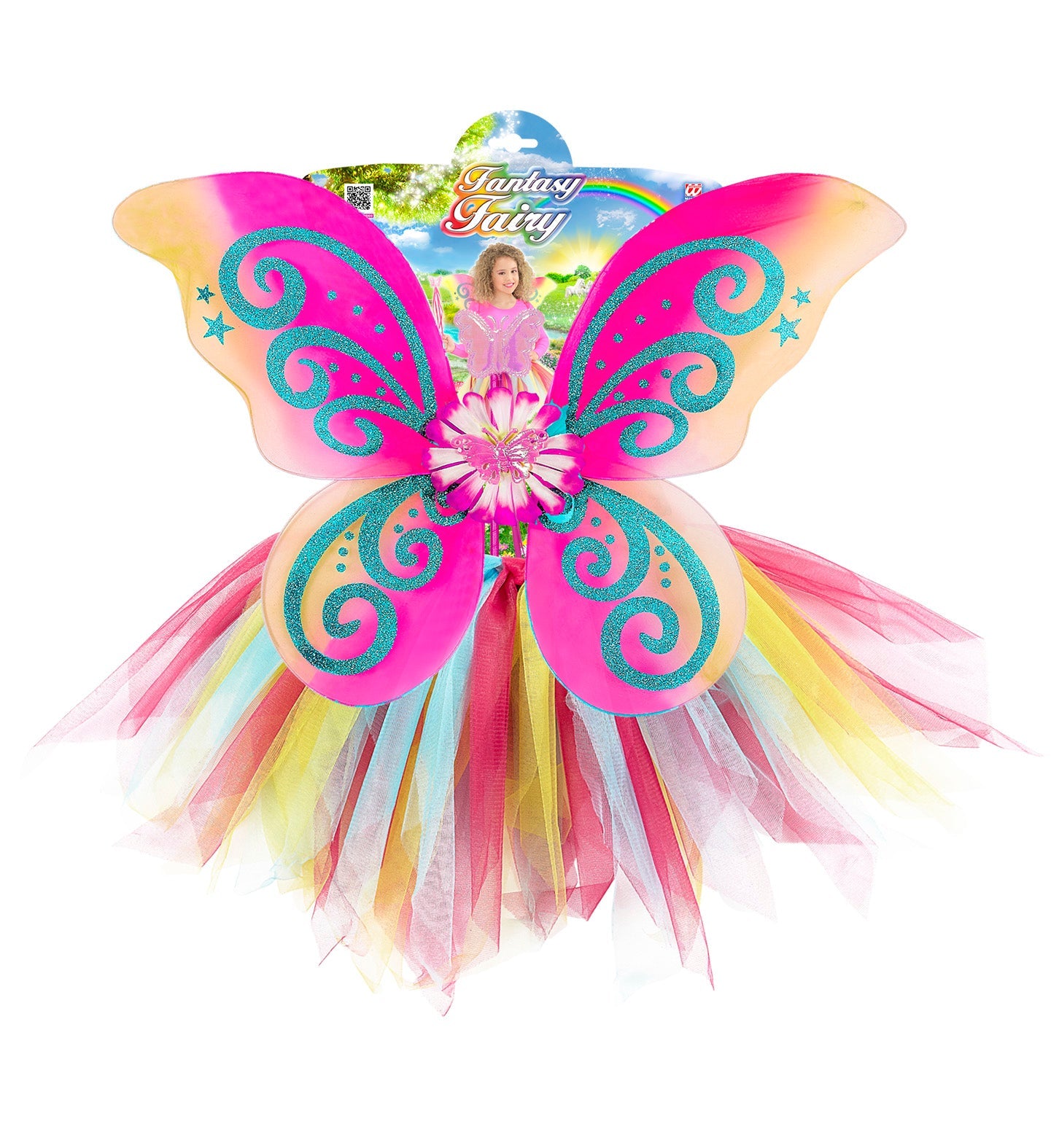 Kids' iridescent fairy costume with colorful tutu skirt and winged top.