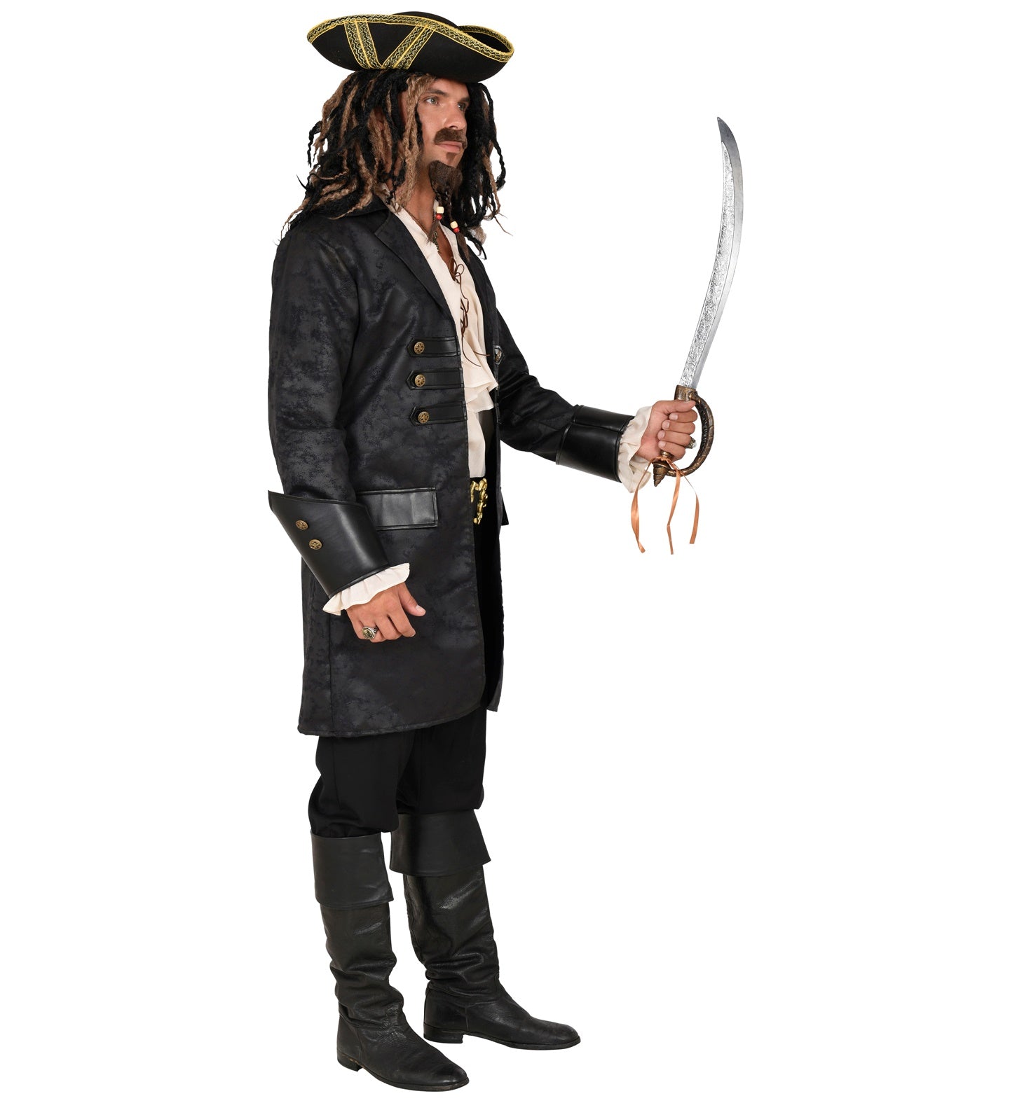 Black men's versatile coat with wide lapels, buttons, and sweeping hem for pirate, steampunk, or Victorian looks.