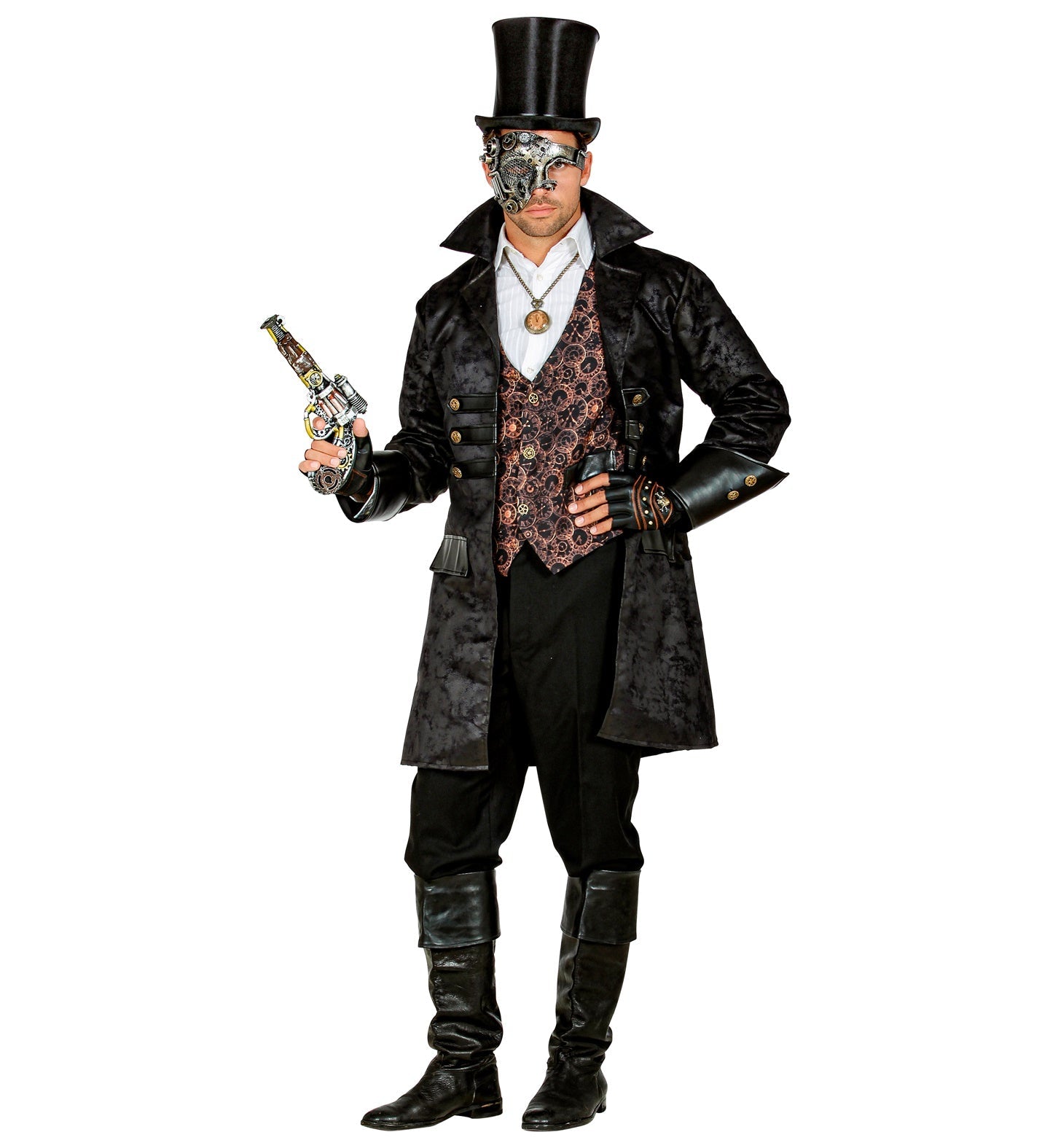 Man in steampunk attire with top hat, goggles, pistol, and black Victorian coat.