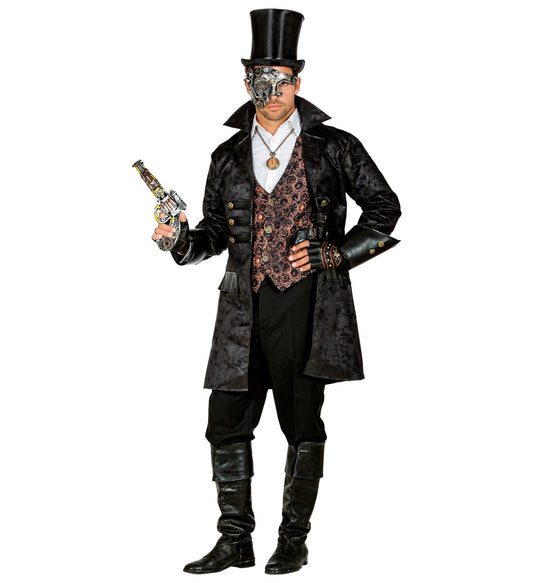 Man in steampunk attire with top hat, goggles, pistol, and black Victorian coat.