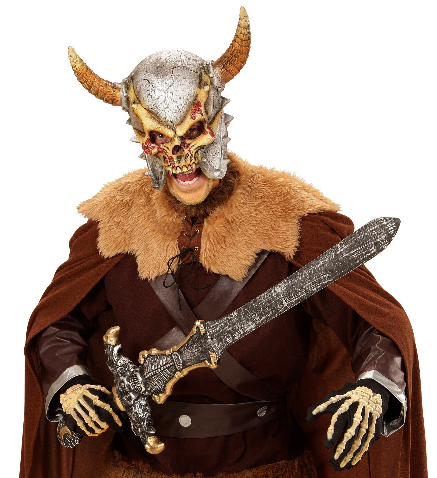 Viking warrior mask with faux leather, fur trim, horns, and sword.