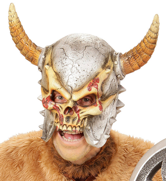 Silver faux leather Viking warrior mask with horns, skull face, and runes.
