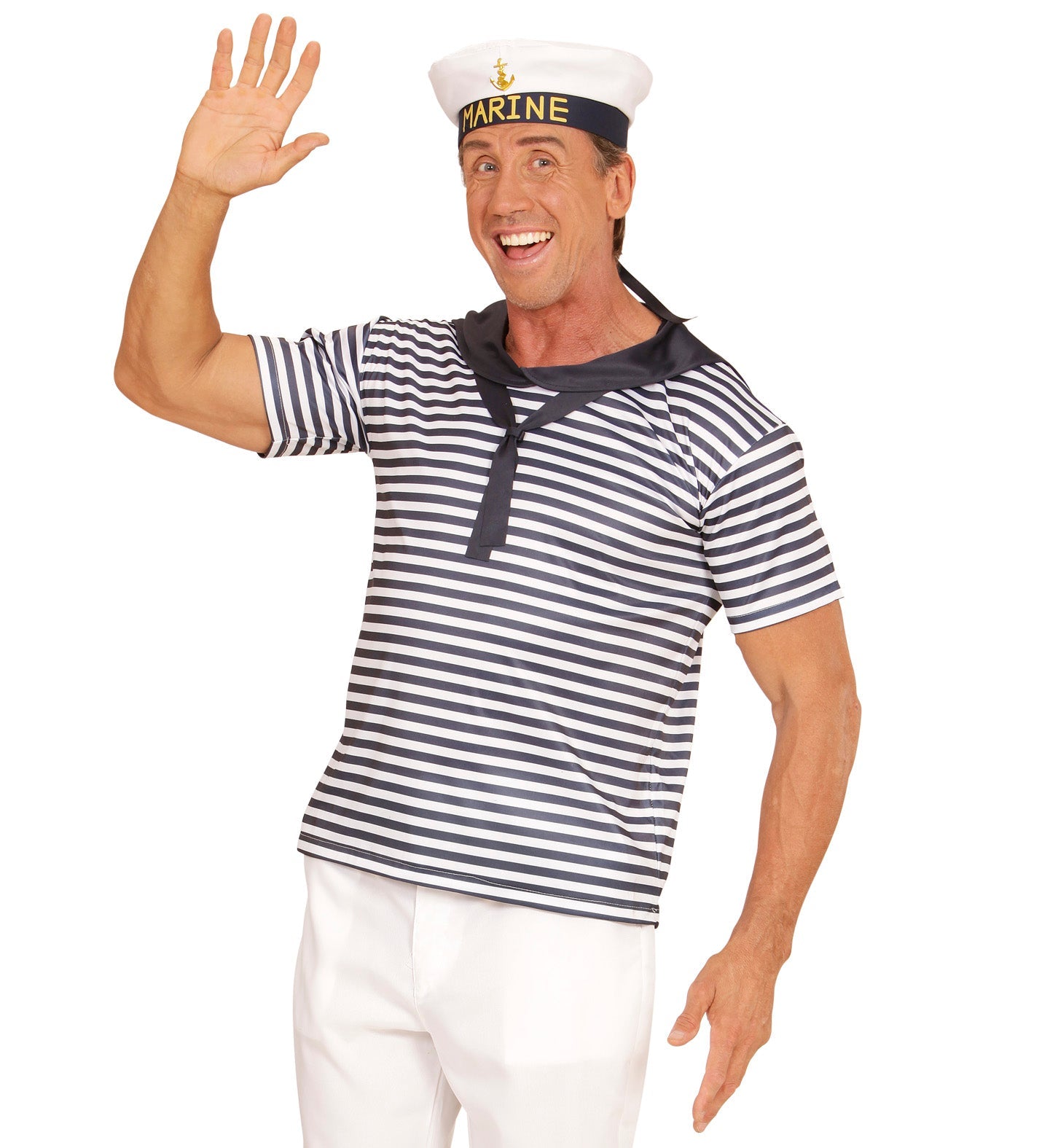 Man in striped sailor shirt and white cap waving cheerfully.