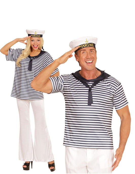 Unisex sailor costume with white striped shirt, pants, and cap on a man and woman saluting.