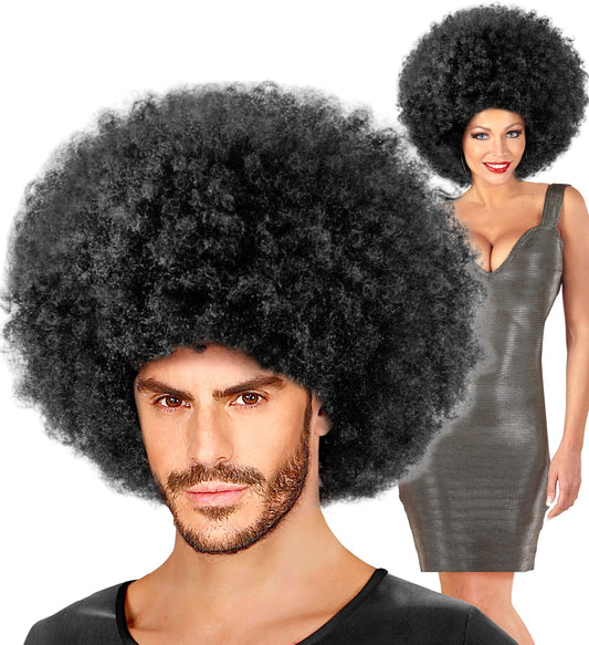 Voluminous black synthetic maxi afro wig on a model.