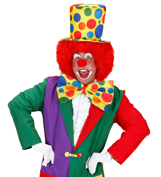 Oversized polka dot satin clown bow tie with elastic neckband.