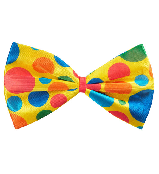 Oversized satin bow tie with multicolored polka dots for clown costumes.