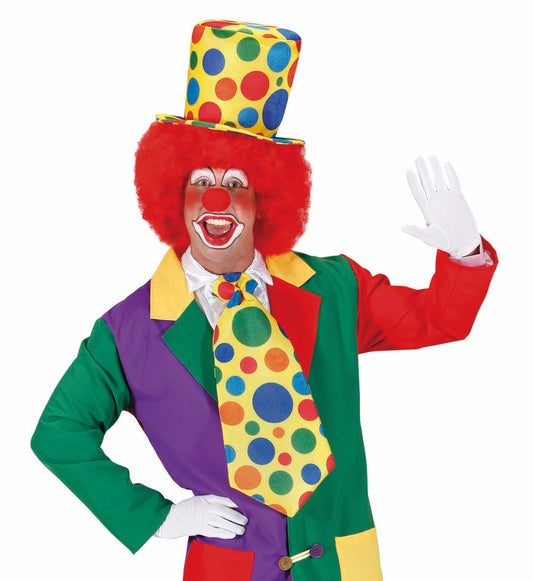 Gelbe Clown Krawatte mit Punkten, oversized, aus Satin-Polyester, für Karnevalskostüme.