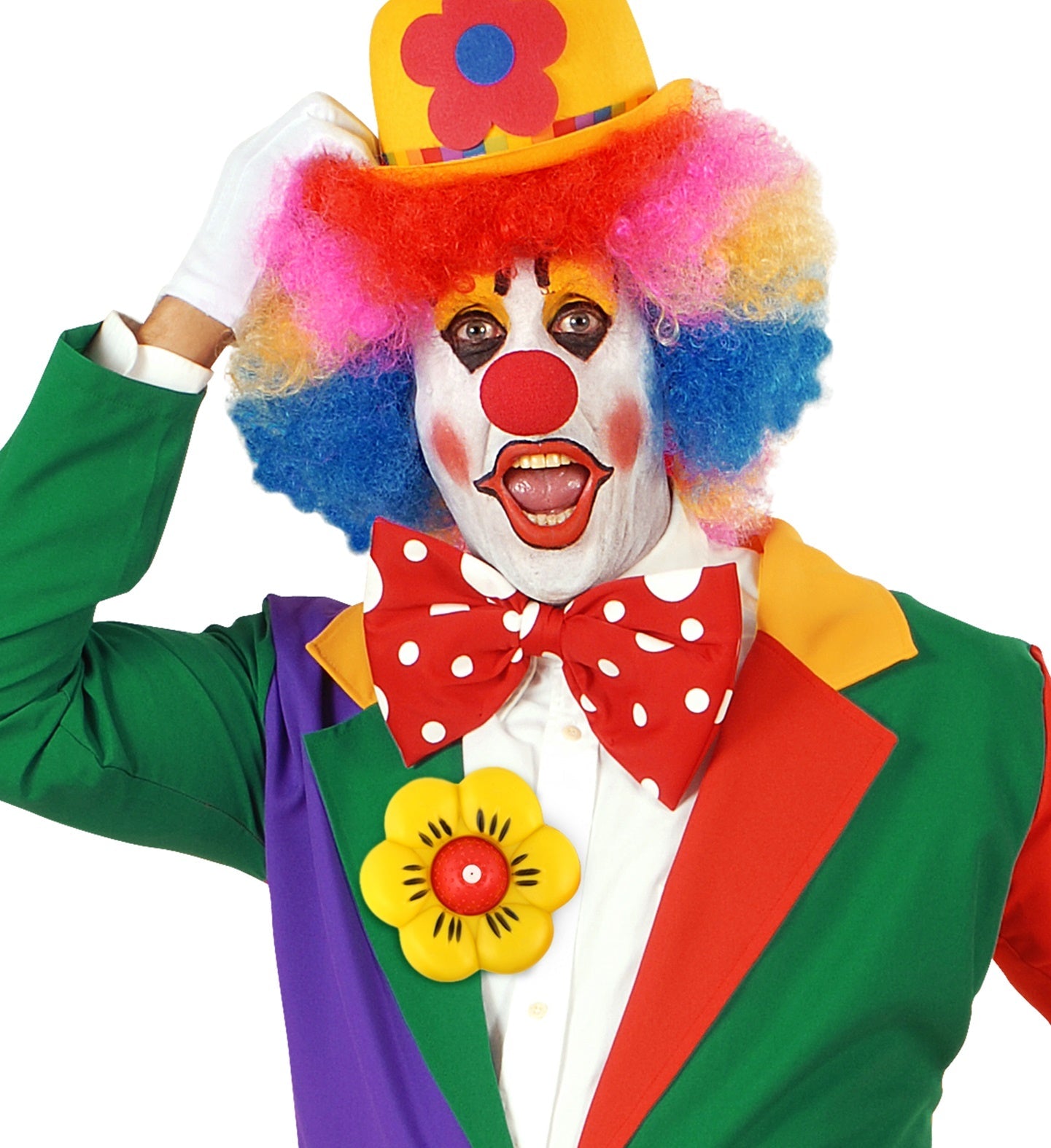 Gelbe und rote Clown Wasser Spritzblume mit Metallklammer für witzige Streiche.